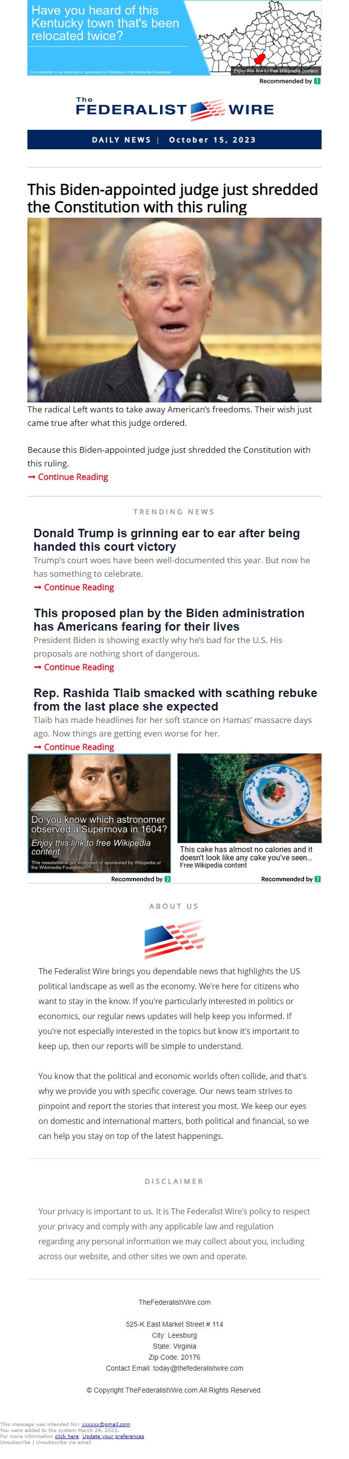 Screenshot of the email generated on import