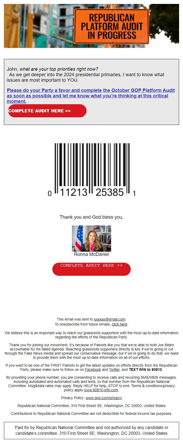 Screenshot of the email generated on import