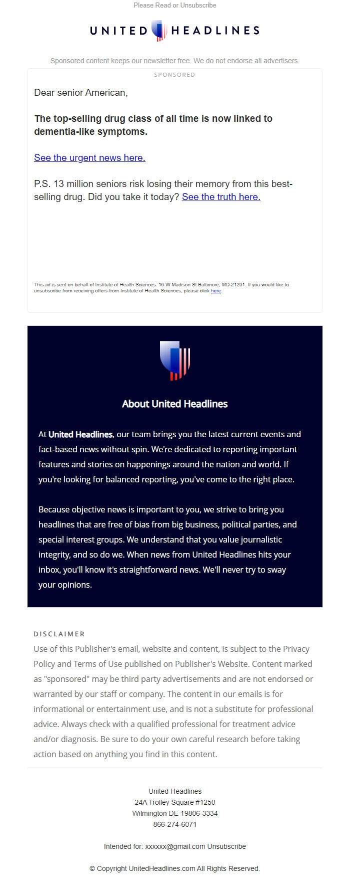 Screenshot of the email generated on import