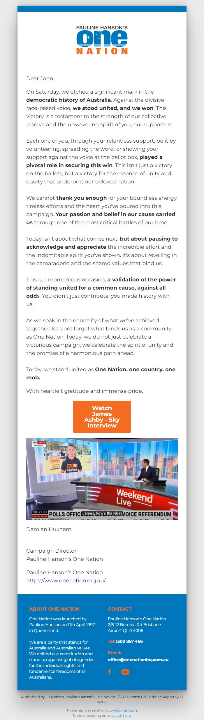 Screenshot of the email generated on import