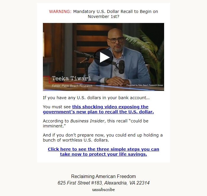 Screenshot of the email generated on import