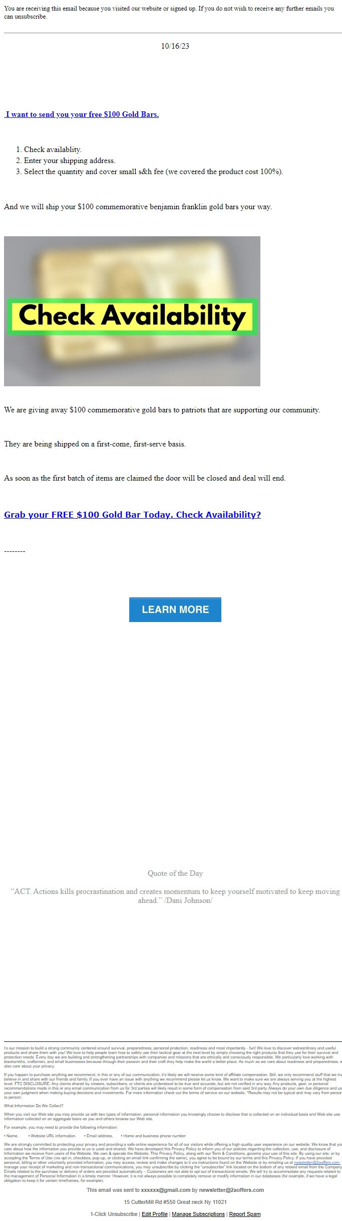 Screenshot of the email generated on import