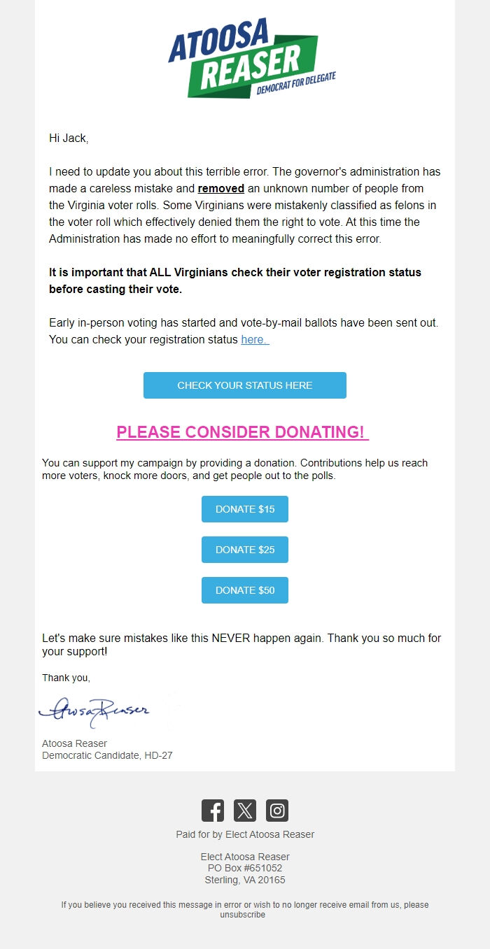 Screenshot of the email generated on import