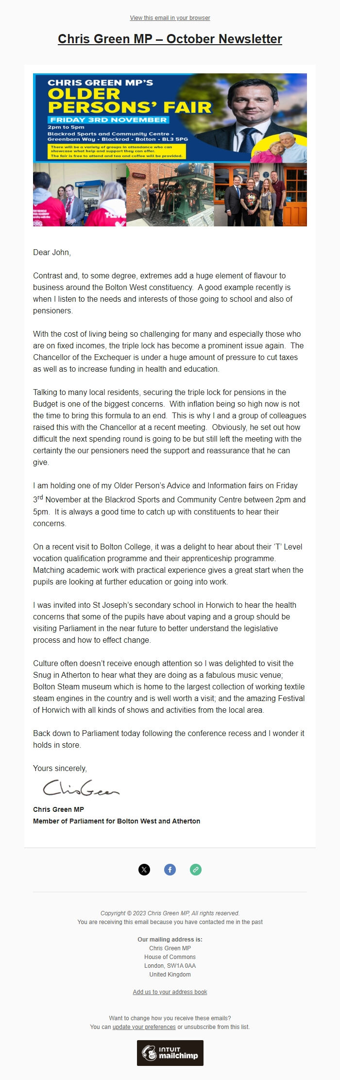 Screenshot of the email generated on import