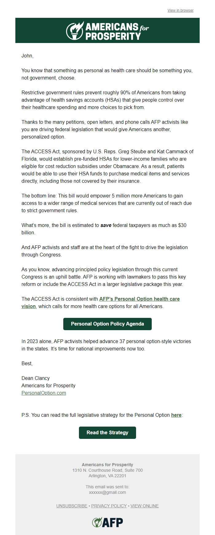 Screenshot of the email generated on import