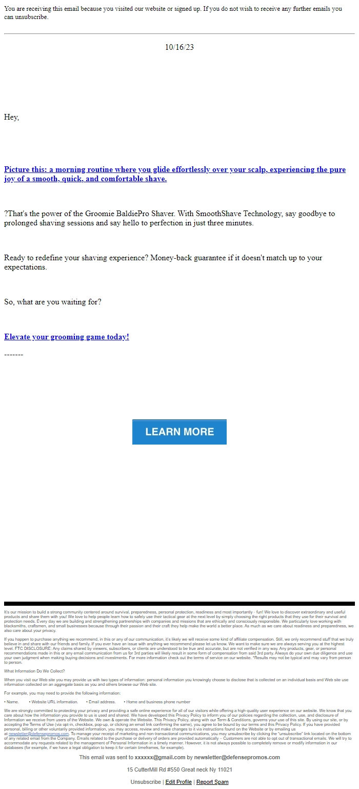 Screenshot of the email generated on import