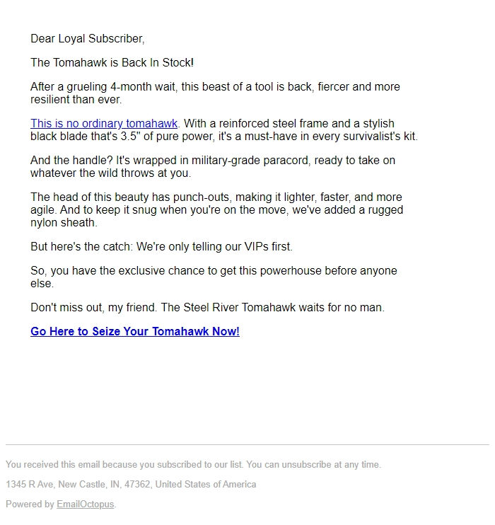 Screenshot of the email generated on import