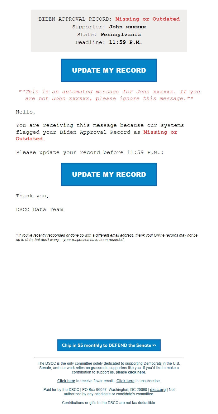 Screenshot of the email generated on import
