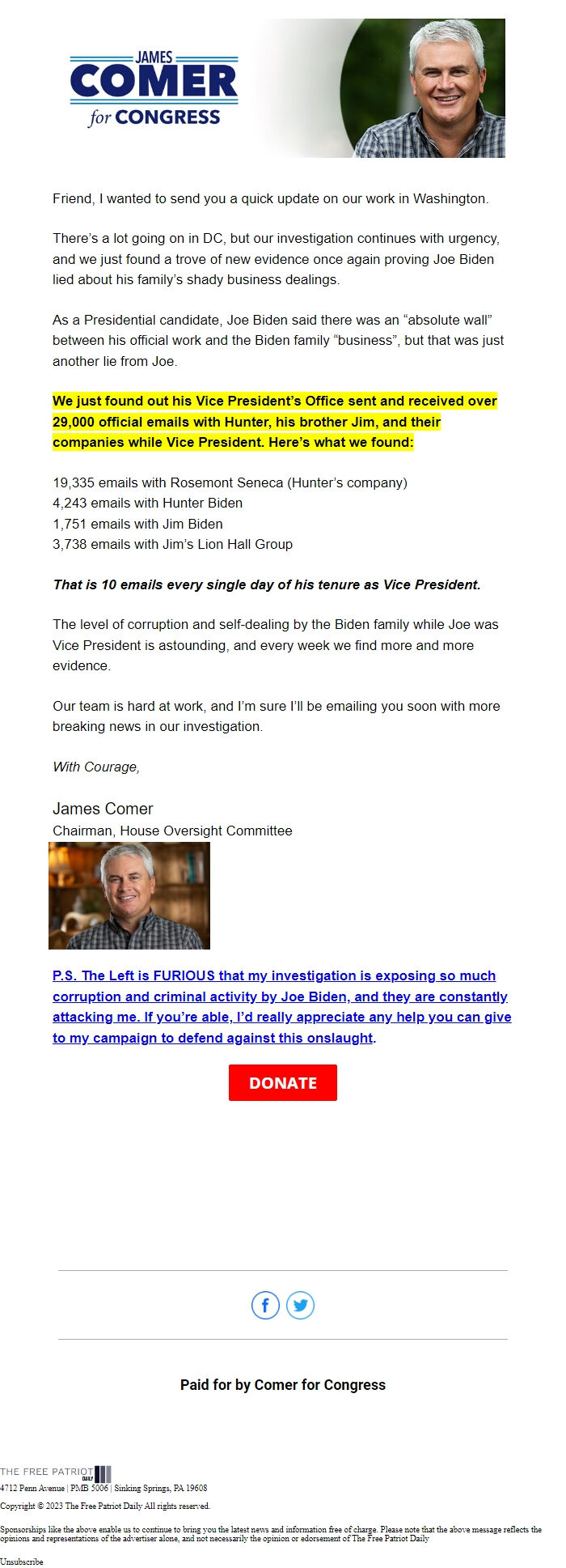 Screenshot of the email generated on import