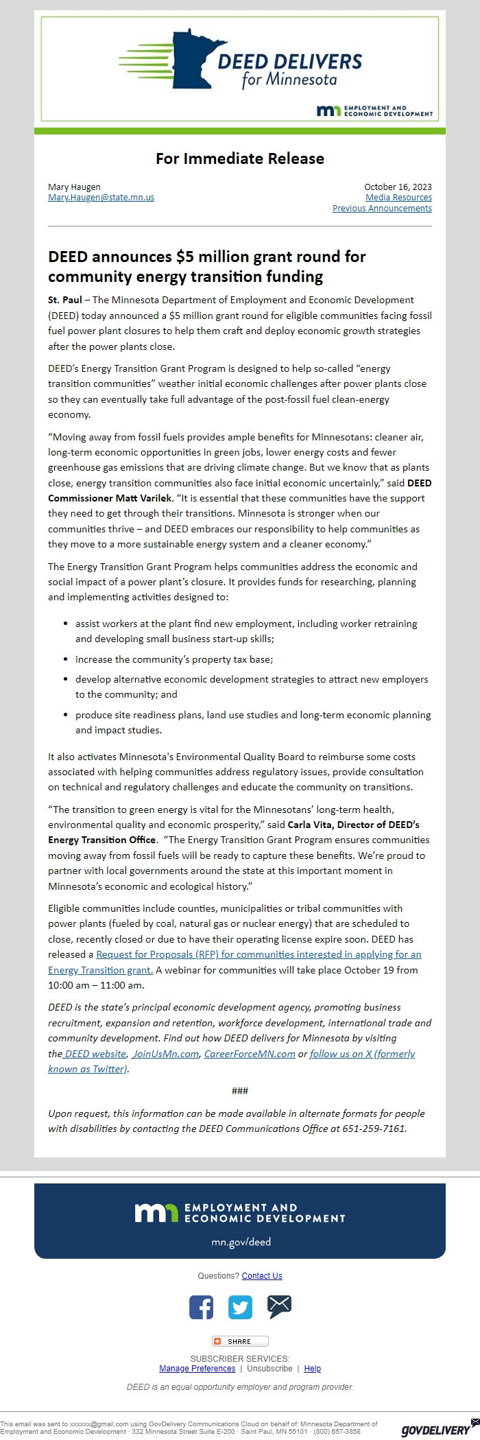 Screenshot of the email generated on import