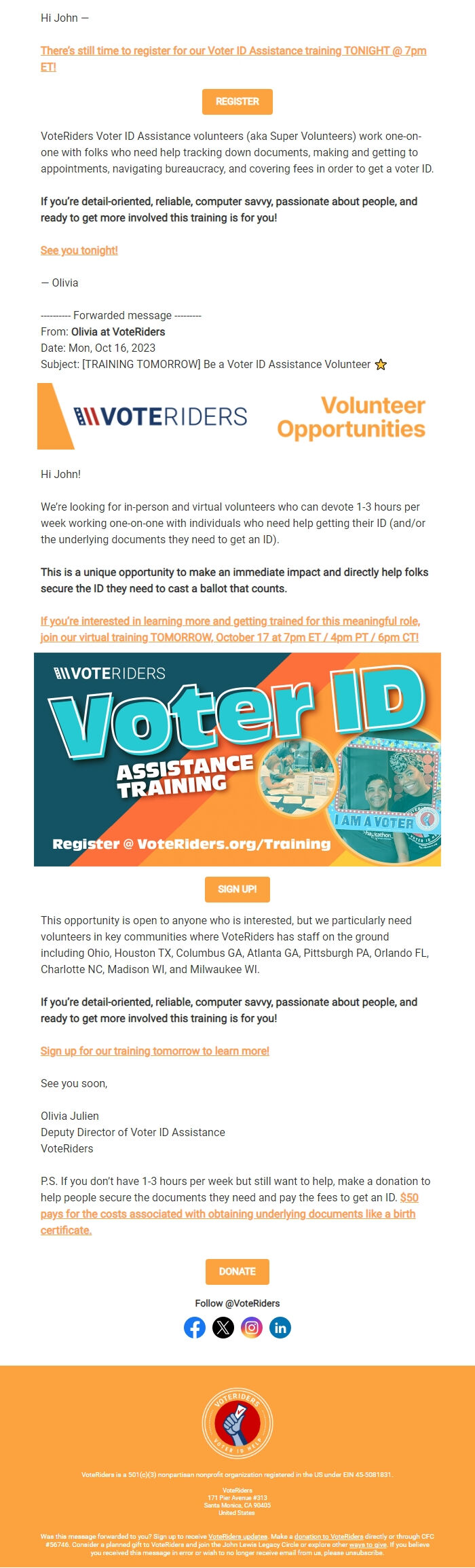 Screenshot of the email generated on import