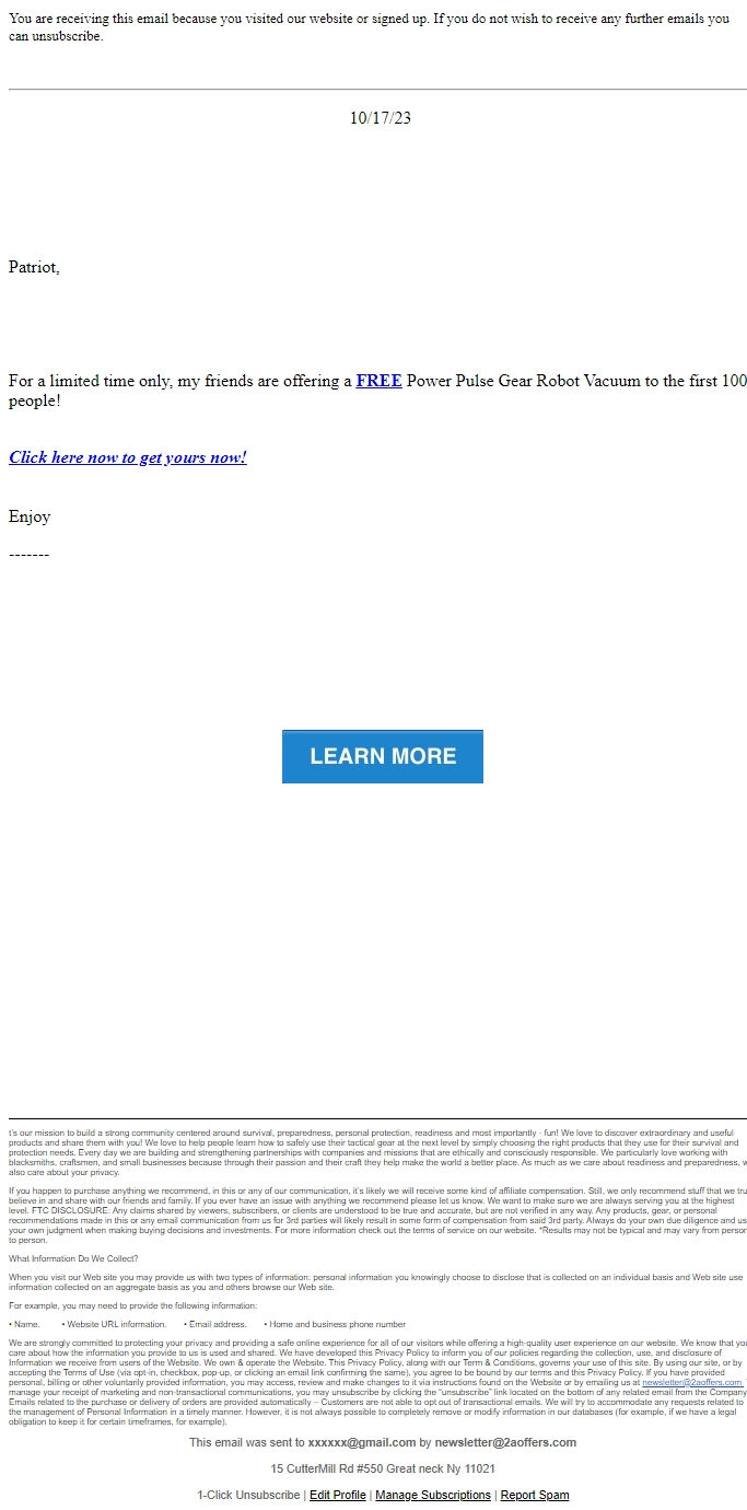 Screenshot of the email generated on import