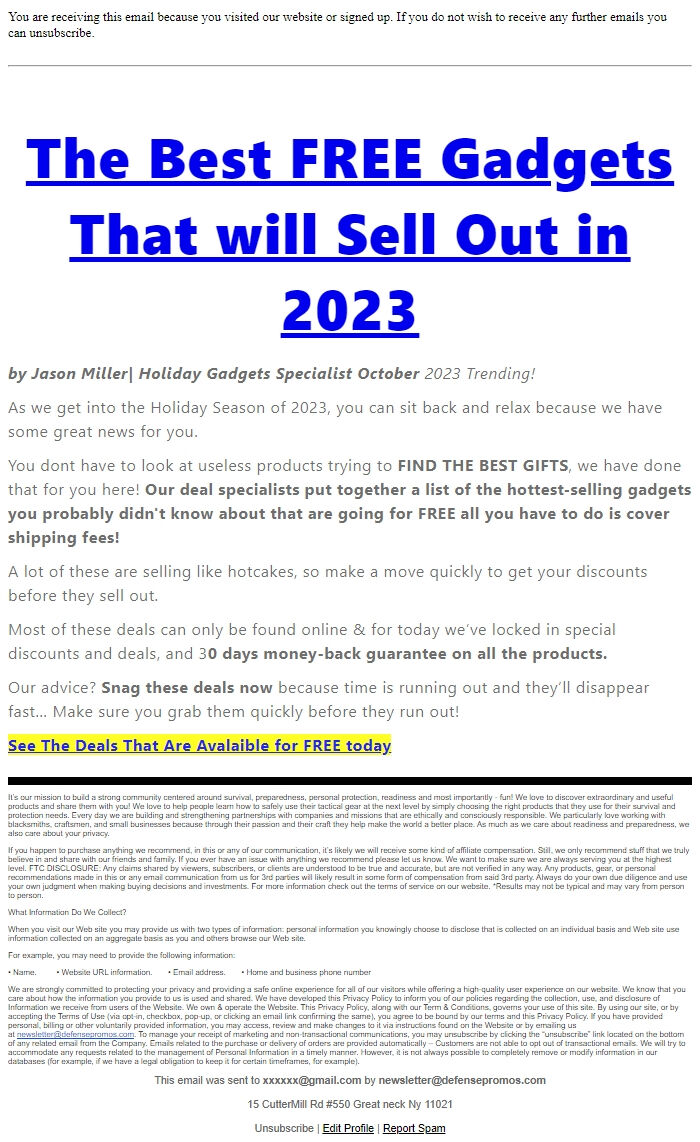 Screenshot of the email generated on import
