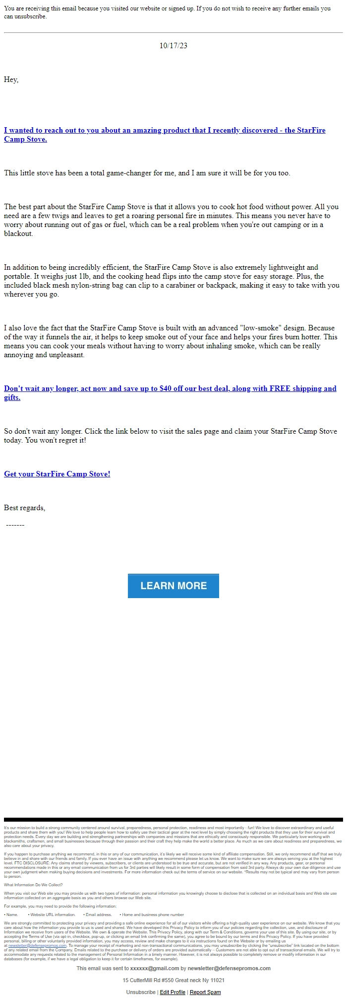 Screenshot of the email generated on import