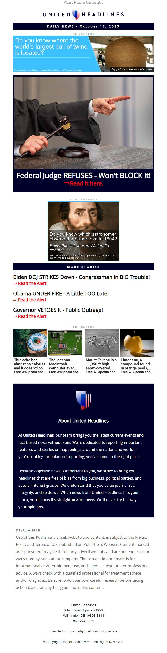 Screenshot of the email generated on import