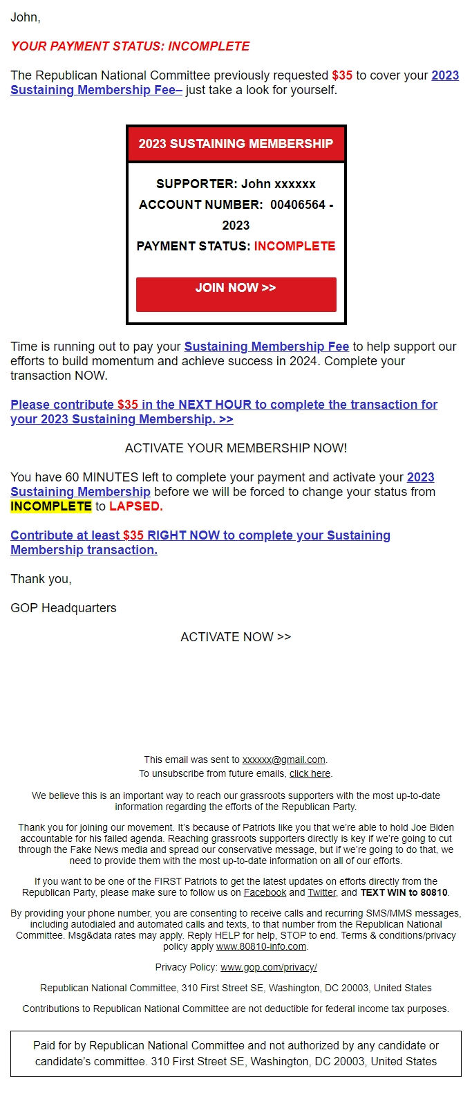 Screenshot of the email generated on import