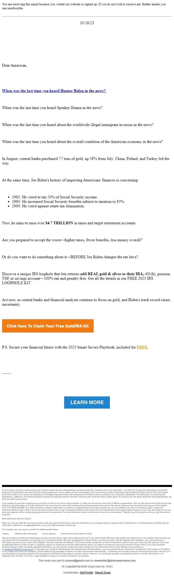 Screenshot of the email generated on import
