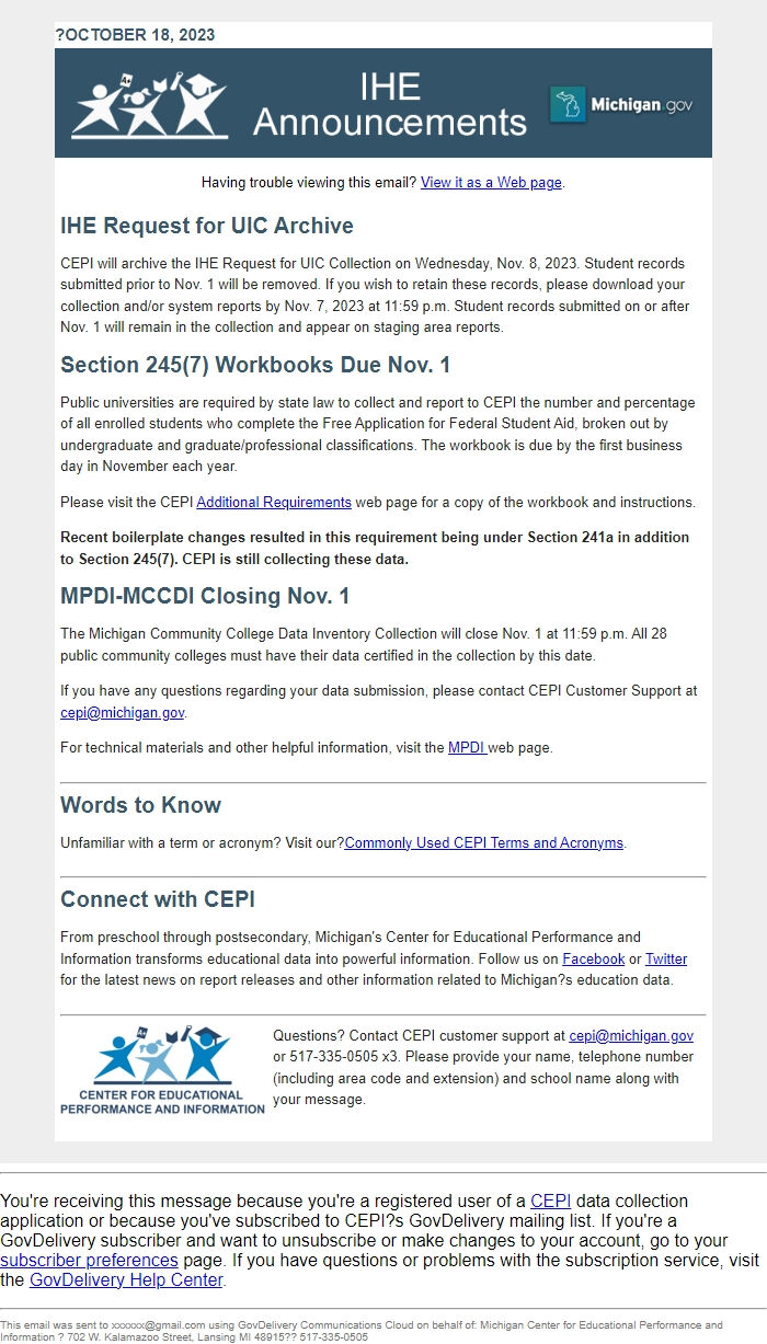 Screenshot of the email generated on import