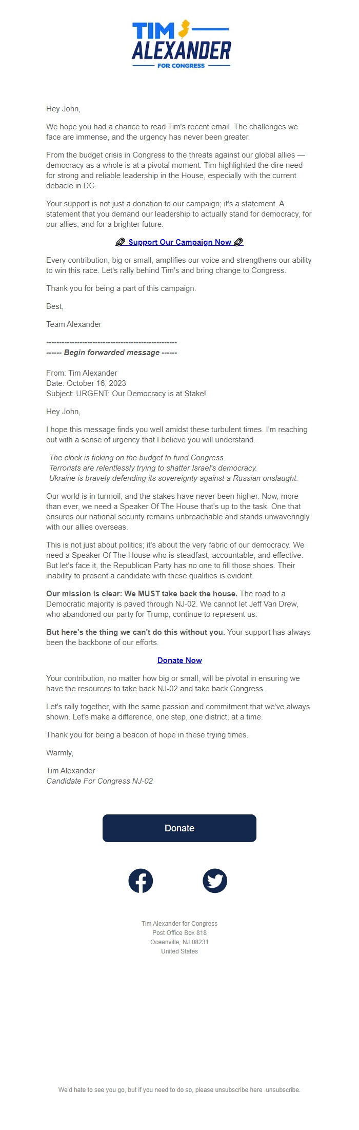 Screenshot of the email generated on import