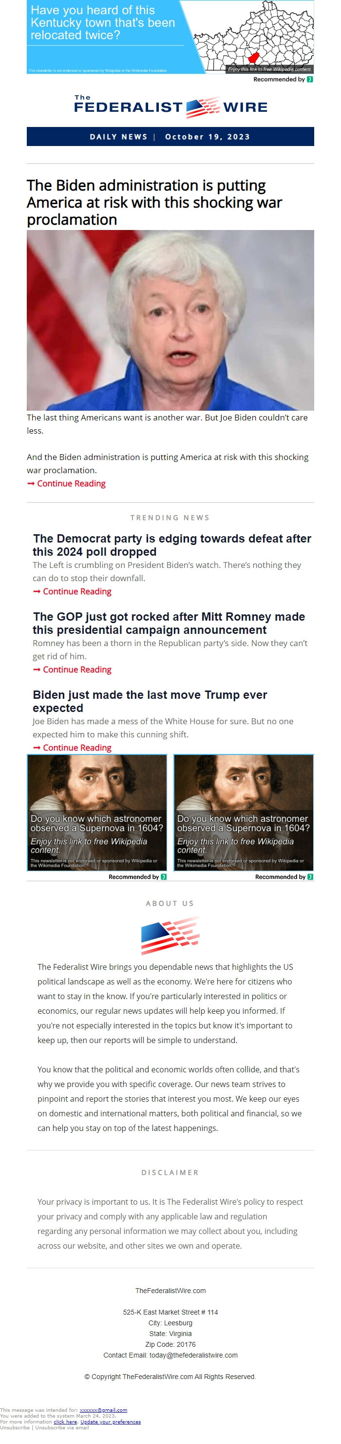 Screenshot of the email generated on import