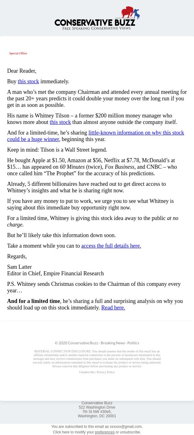 Screenshot of the email generated on import