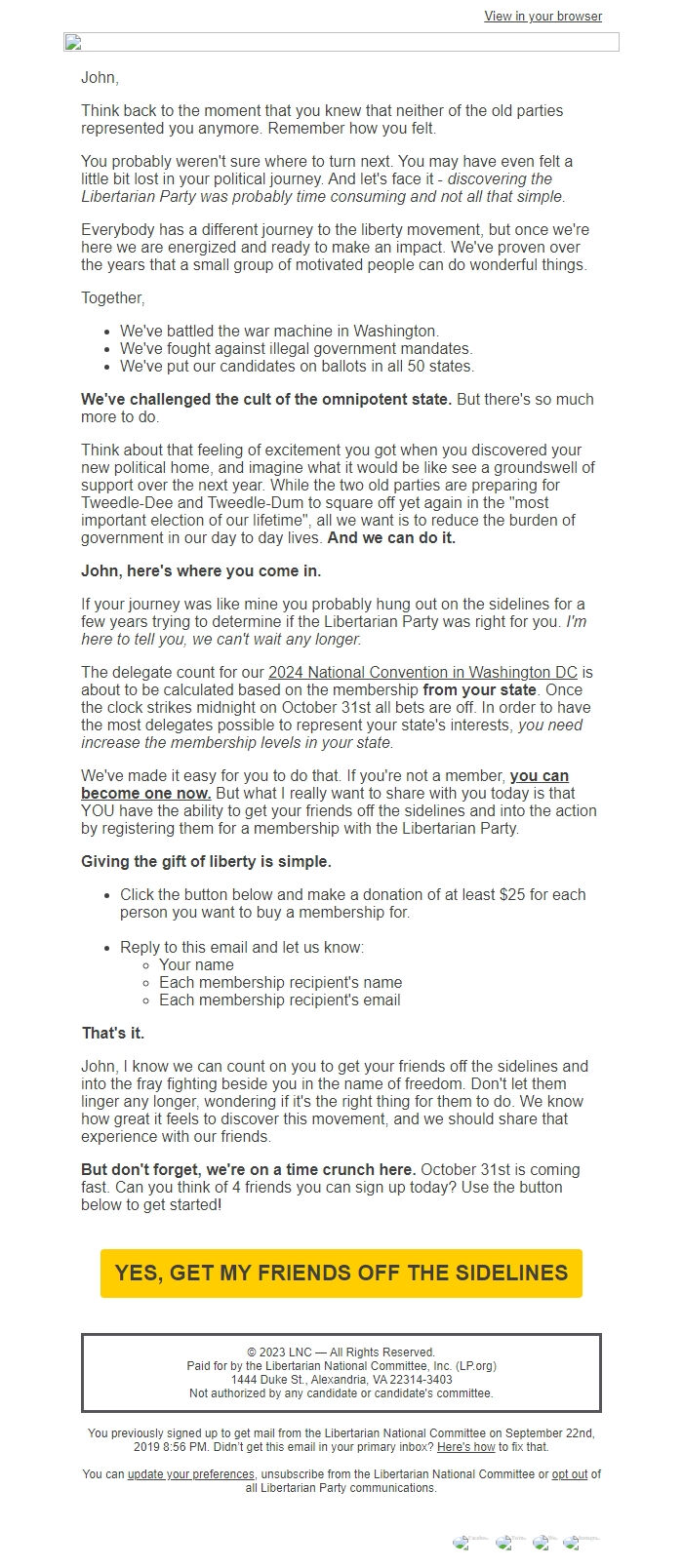 Screenshot of the email generated on import