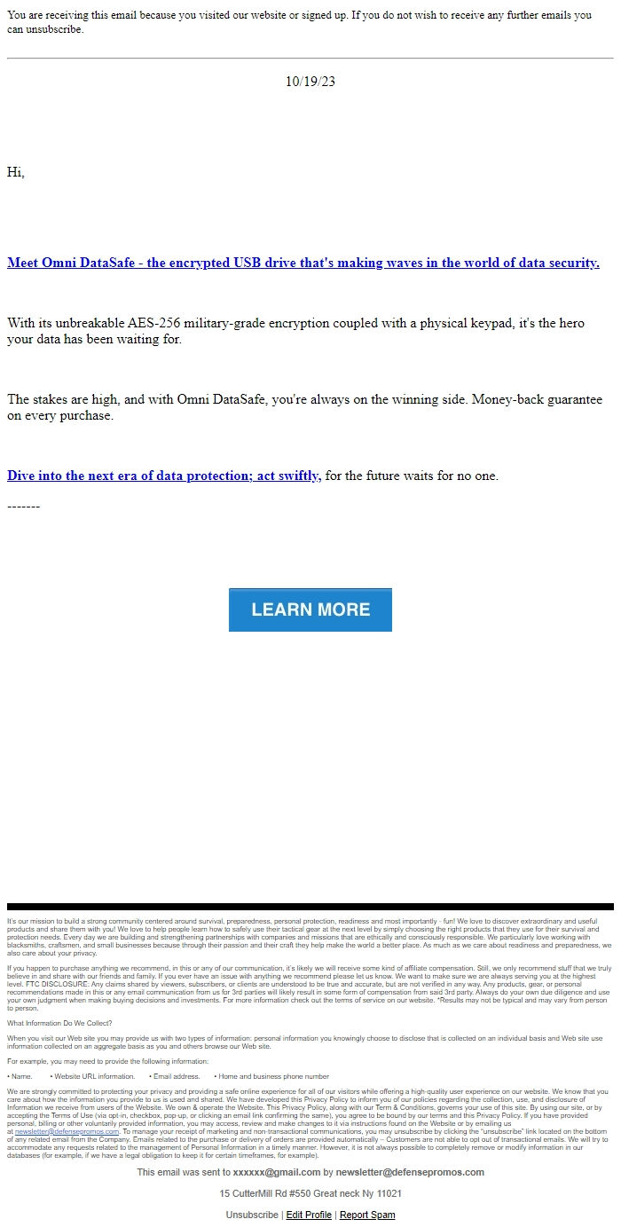 Screenshot of the email generated on import