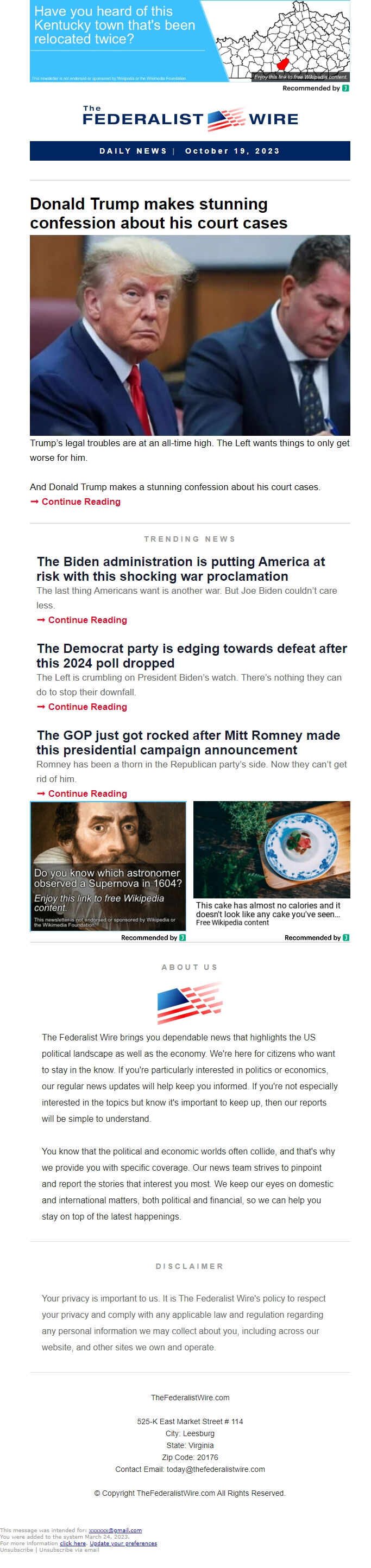 Screenshot of the email generated on import