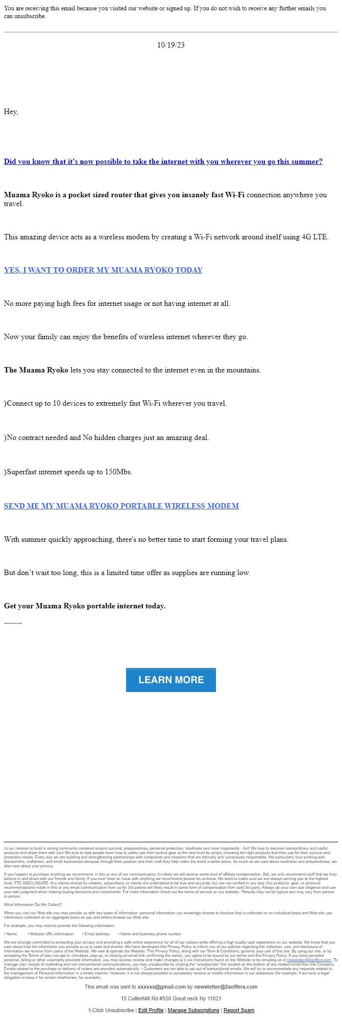 Screenshot of the email generated on import