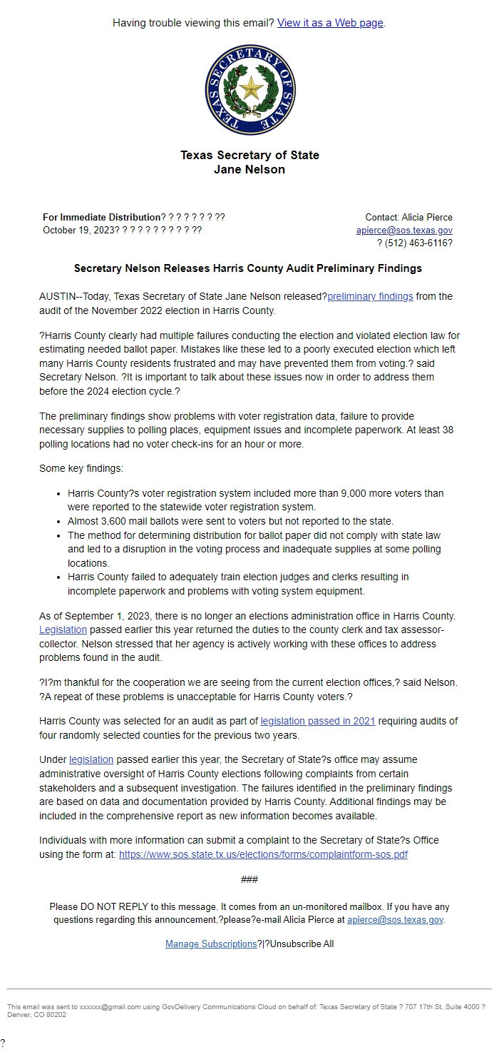 Screenshot of the email generated on import