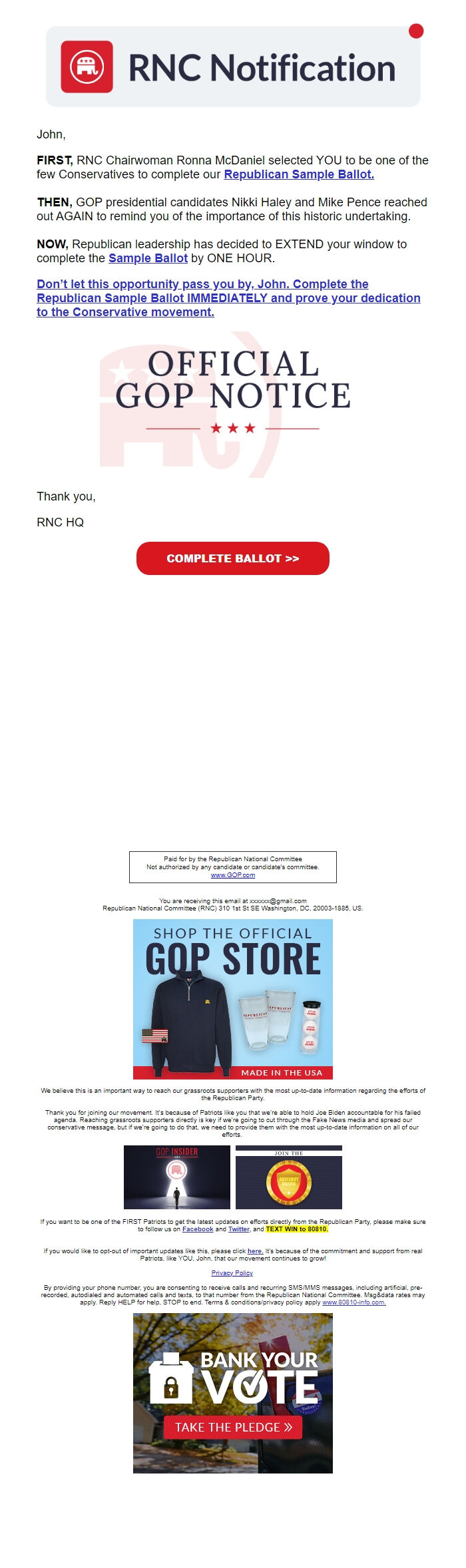 Screenshot of the email generated on import