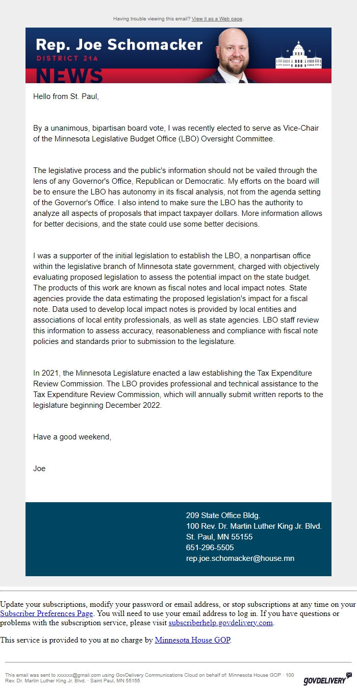 Screenshot of the email generated on import