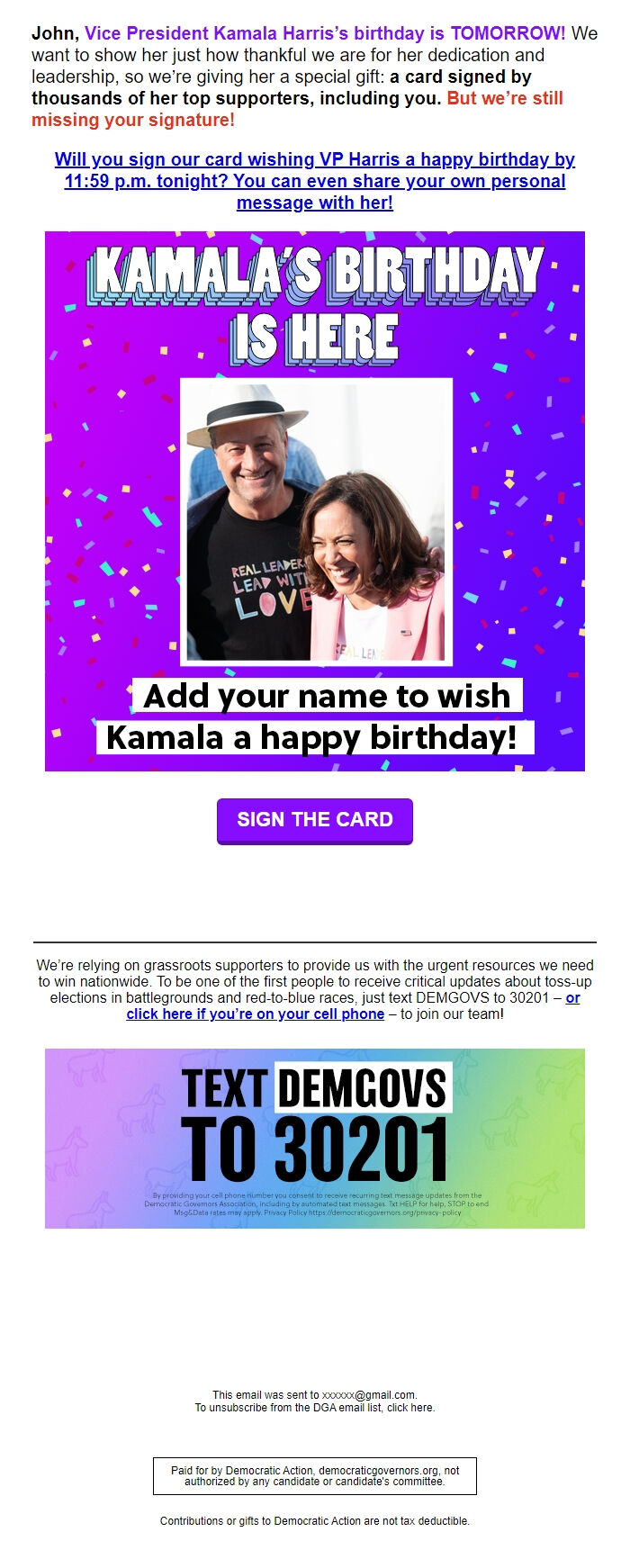 Screenshot of the email generated on import