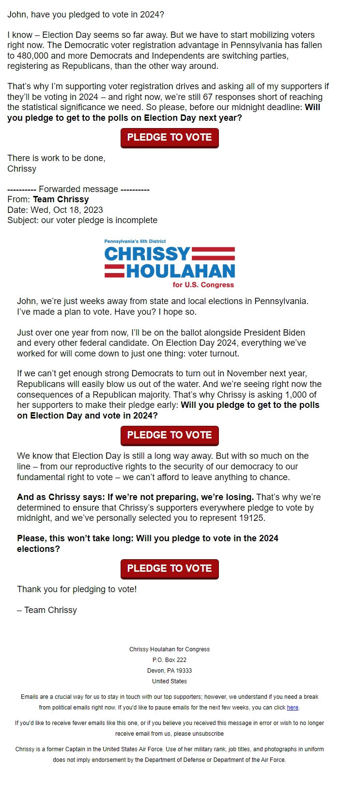 Screenshot of the email generated on import