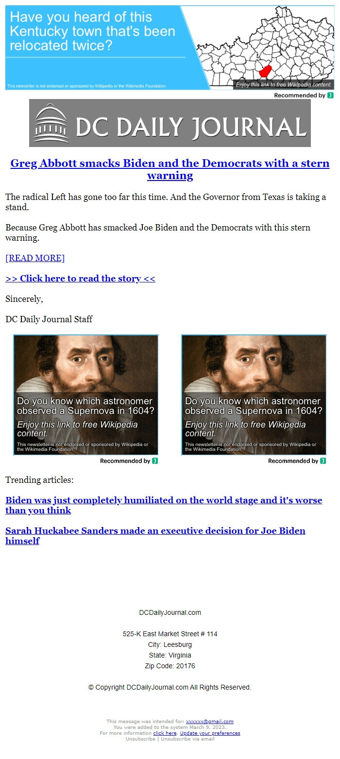 Screenshot of the email generated on import