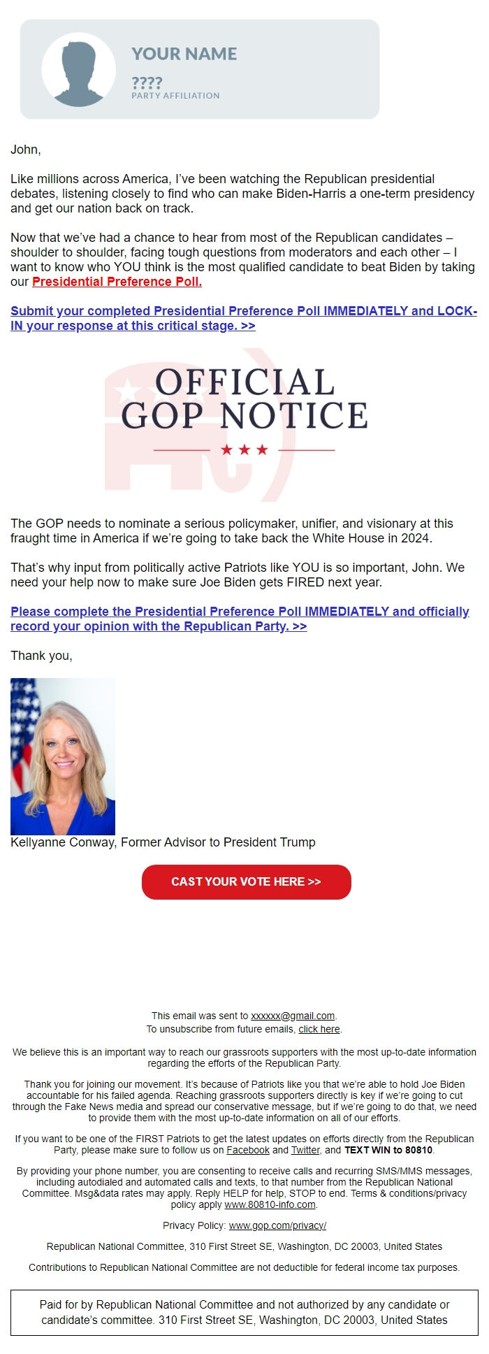 Screenshot of the email generated on import