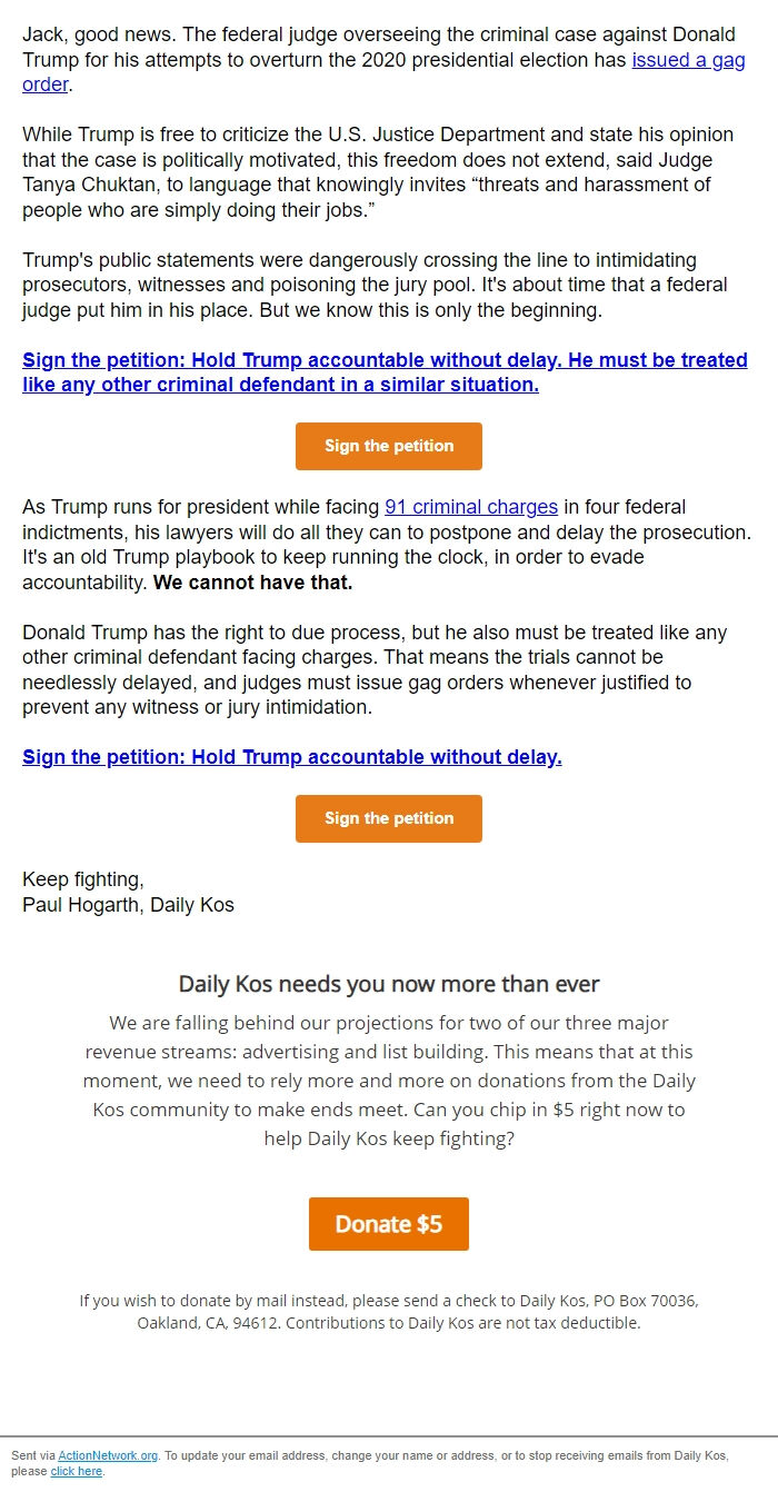 Screenshot of the email generated on import