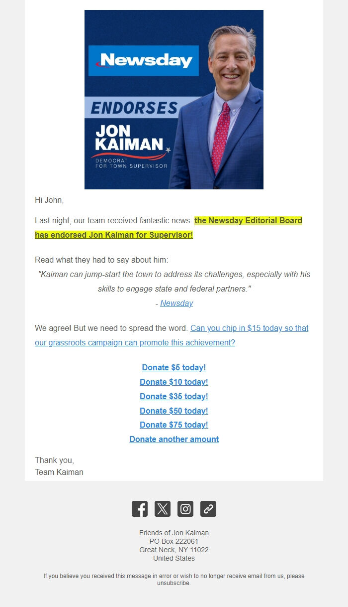 Screenshot of the email generated on import