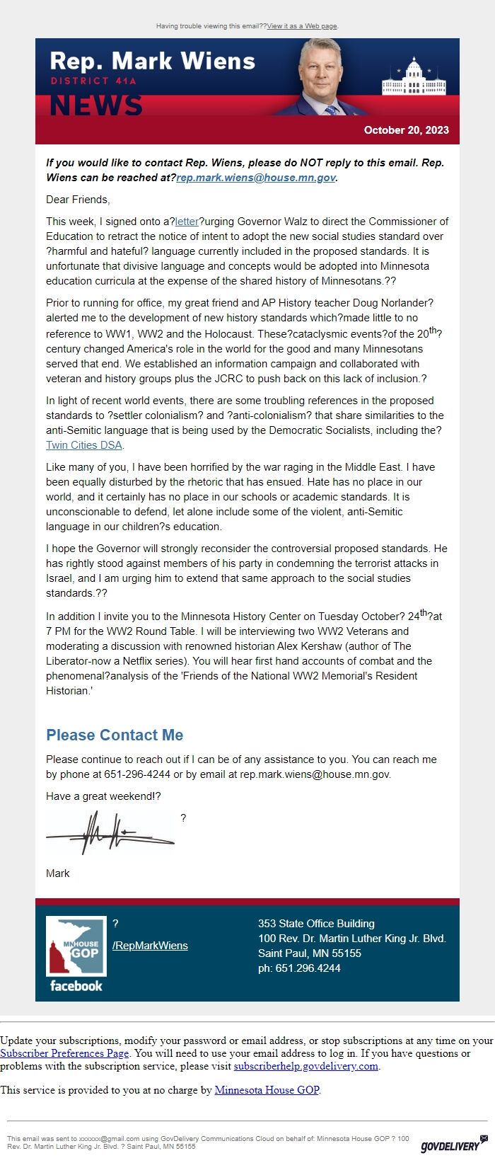 Screenshot of the email generated on import