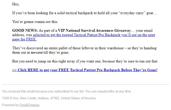 Screenshot of the email generated on import