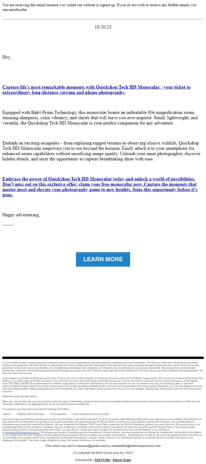 Screenshot of the email generated on import