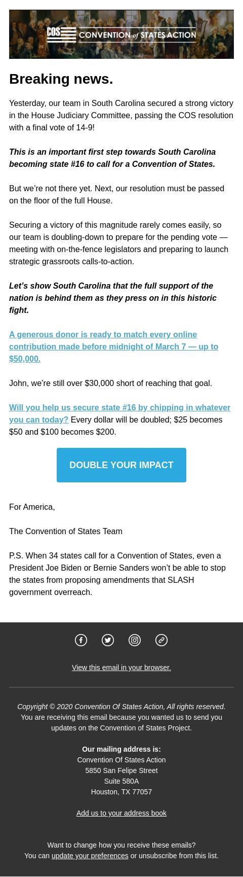 Screenshot of the email generated on import