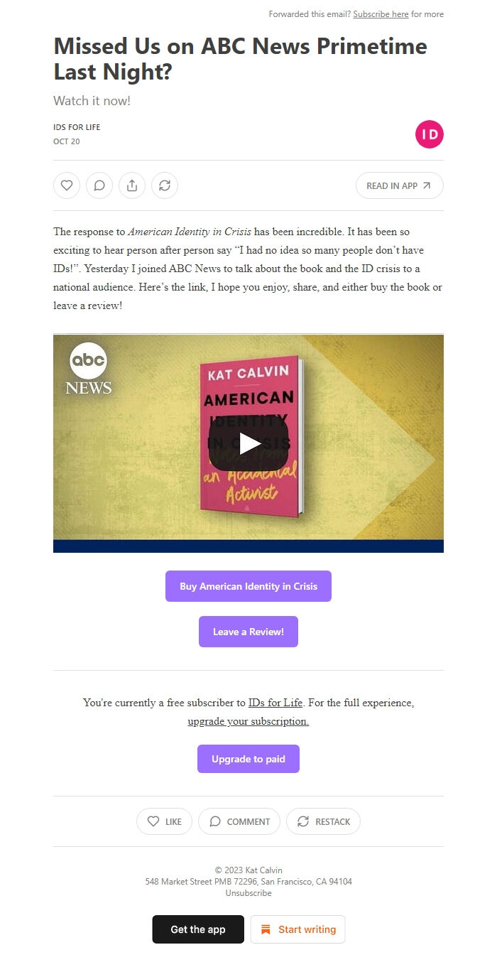 Screenshot of the email generated on import