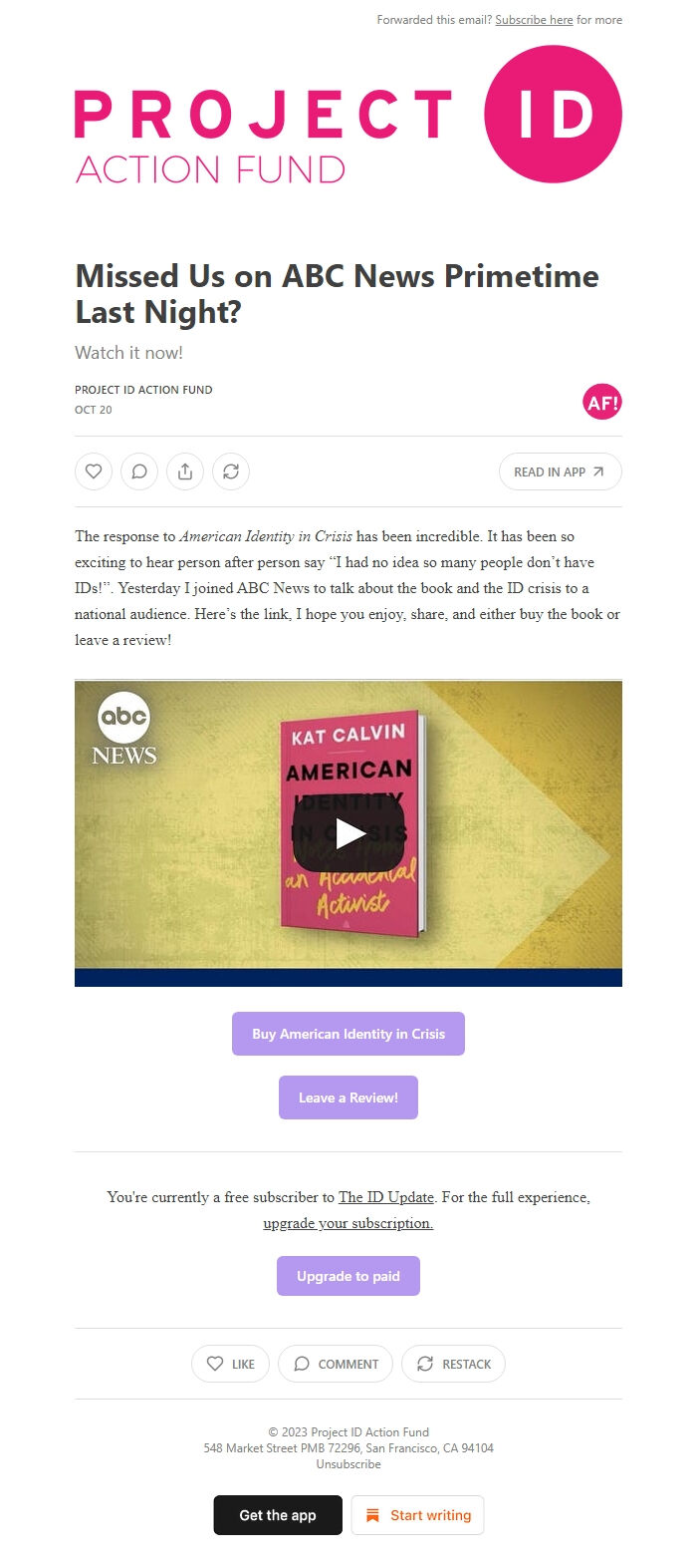 Screenshot of the email generated on import