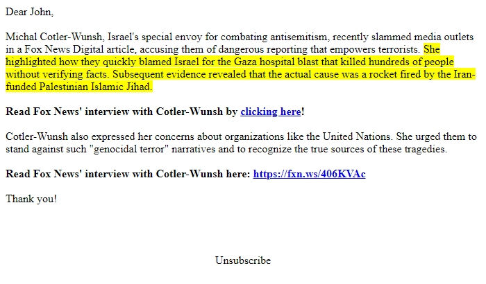 Screenshot of the email generated on import
