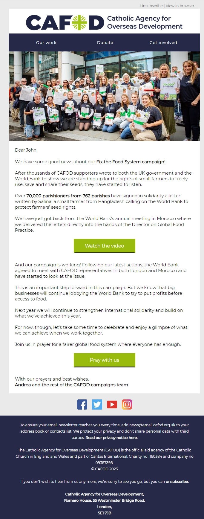 Screenshot of the email generated on import