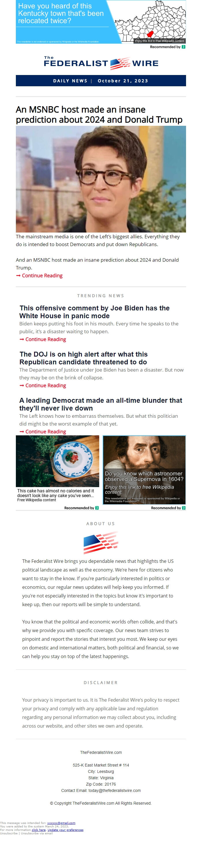 Screenshot of the email generated on import