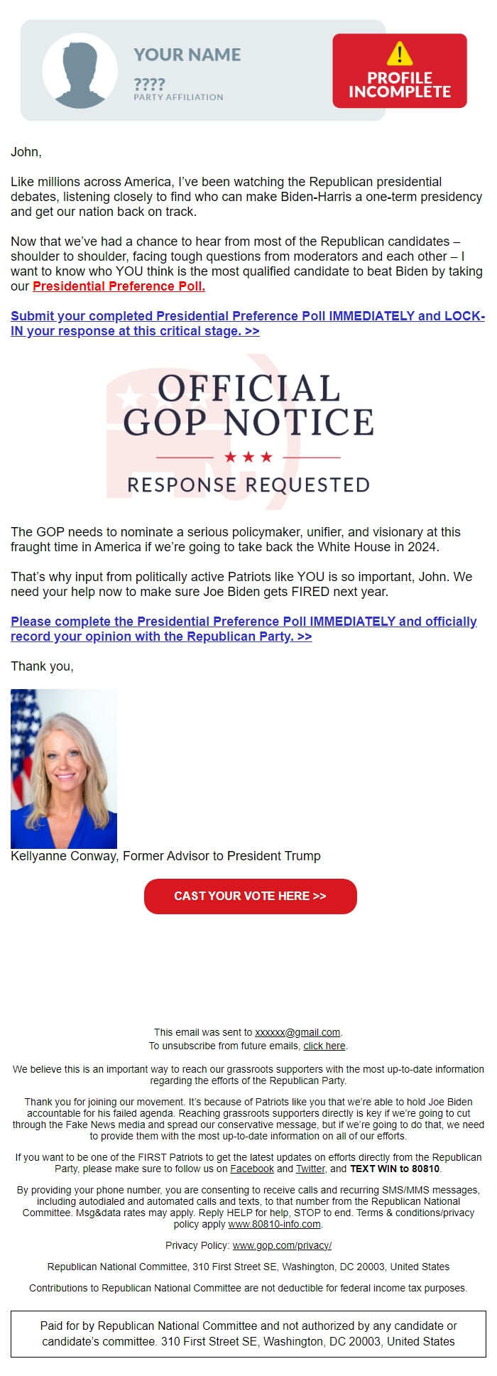 Screenshot of the email generated on import