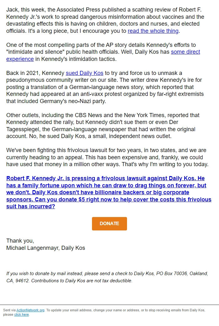 Screenshot of the email generated on import