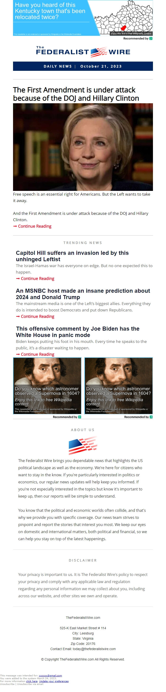 Screenshot of the email generated on import